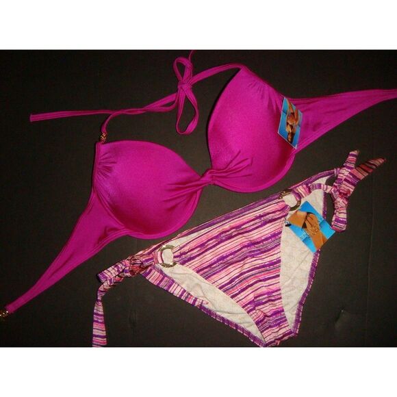 NWT Victoria's Secret 34C BIKINI XS bottom Magenta Fuchsia PINK purple striped - Picture 3 of 4